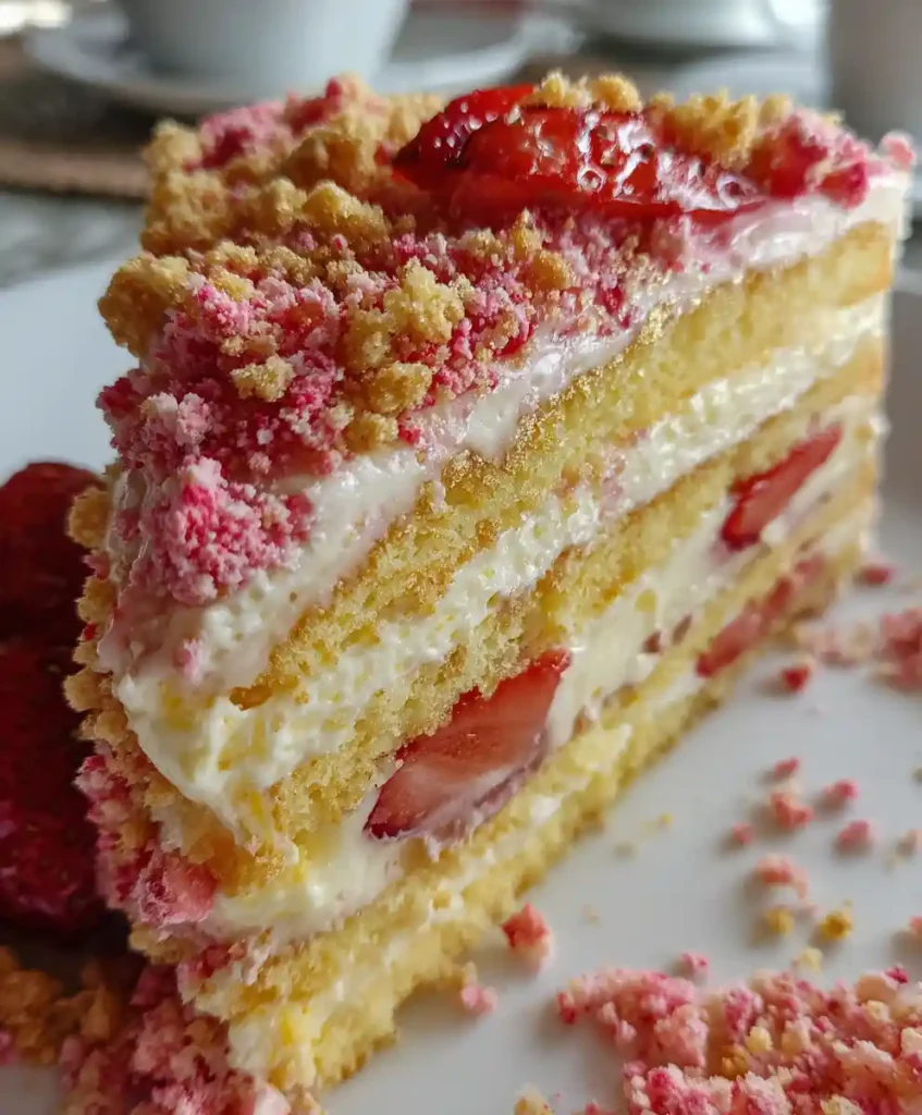Strawberry Crunch Cake With Vanilla Pudding Layers