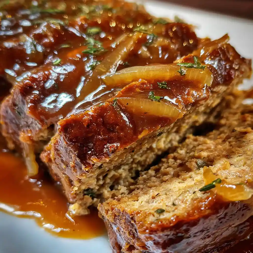 French Onion Meatloaf with Caramelized Onion Gravy