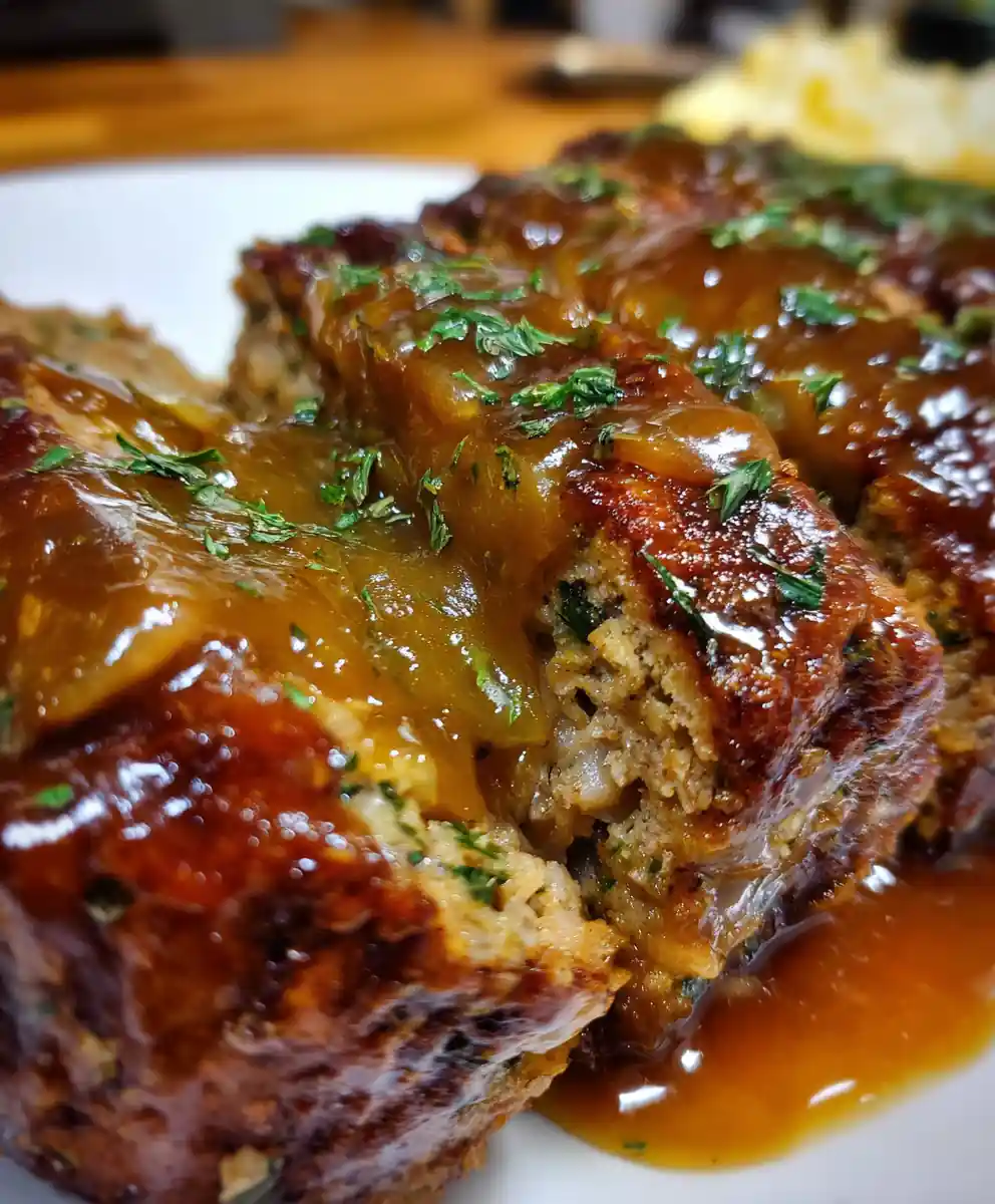 French Onion Meatloaf with Caramelized Onion Gravy