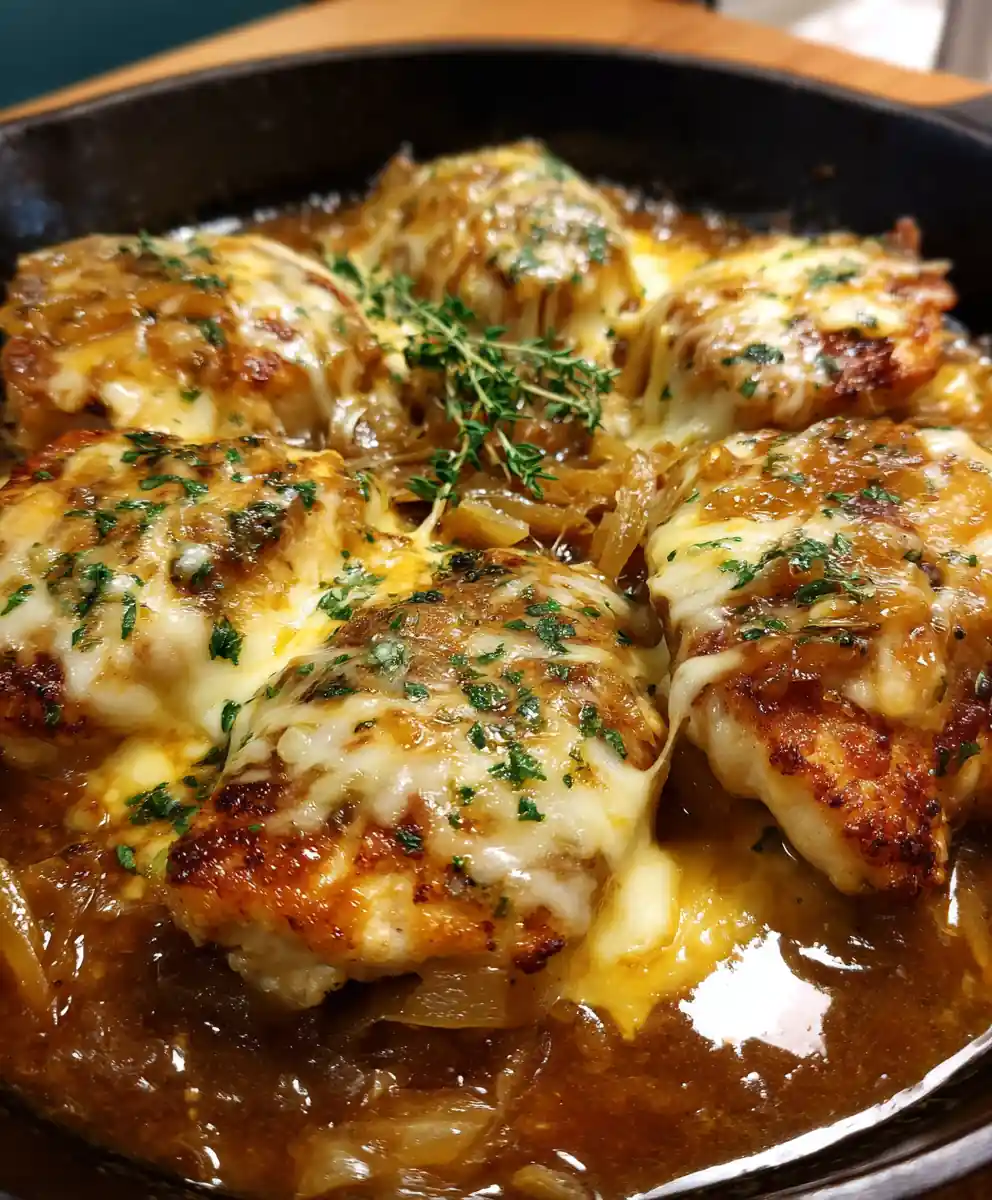 french onion chicken skillet recipe with Gruyère Cheese