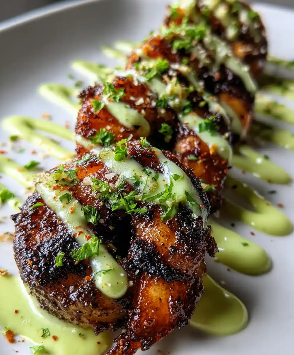 blackened shrimp recipe with Lime-Green Crema Streaks