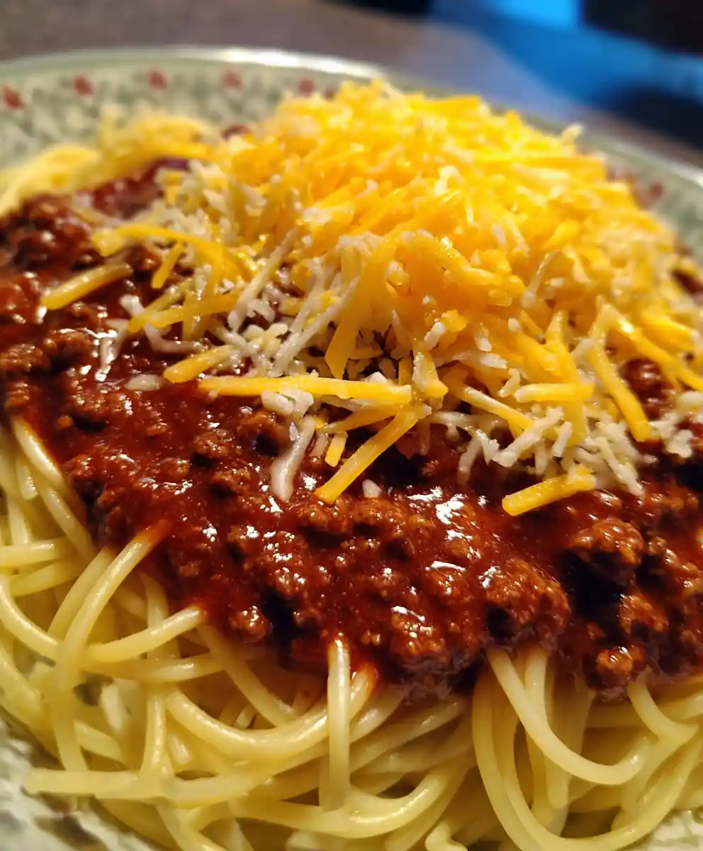 cincinnati chili recipe Cheddar Cascade Over Spaghetti