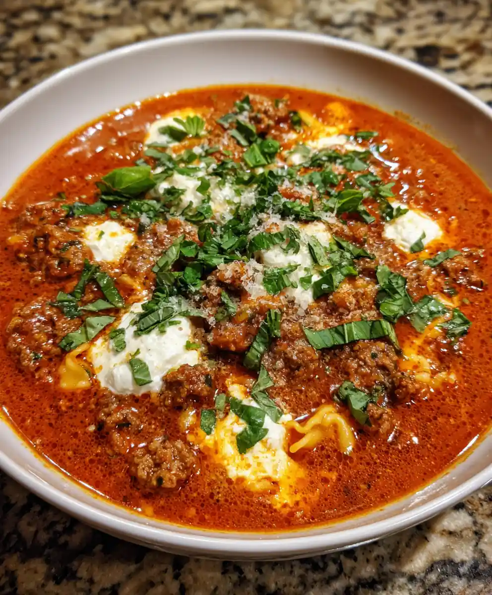 lasagne soup recipe Tomato Broth with Ricotta Basil Dollops