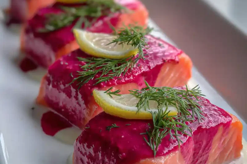 Poached Salmon Recipe With Beet Pink Yogurt Ribbon 1761304636.379924