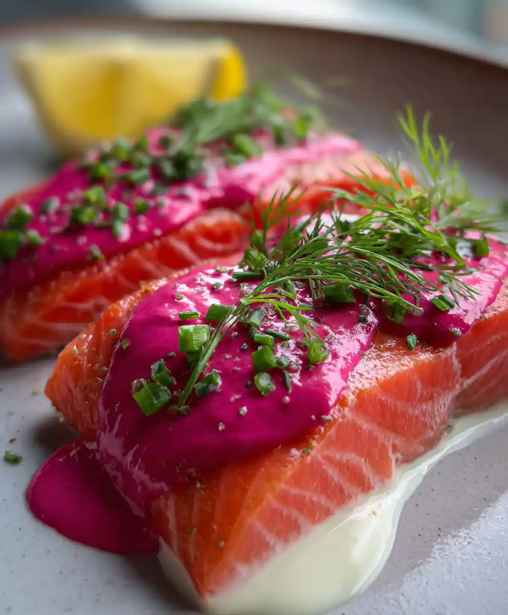 poached salmon recipe with Beet-Pink Yogurt Ribbon