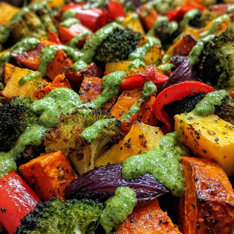 roasted veggies recipe Rainbow Sheet With Basil Drizzle
