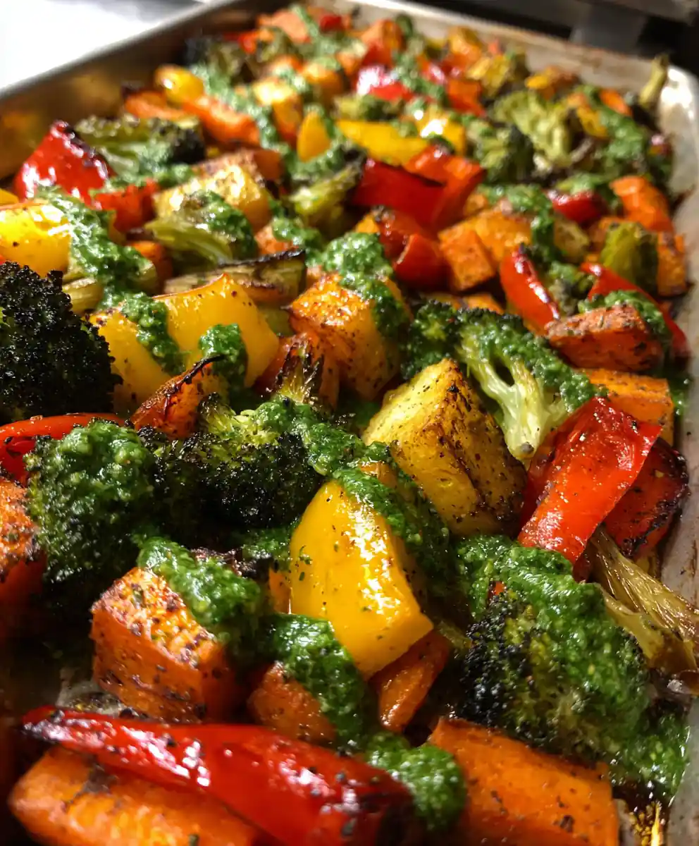 roasted veggies recipe Rainbow Sheet With Basil Drizzle