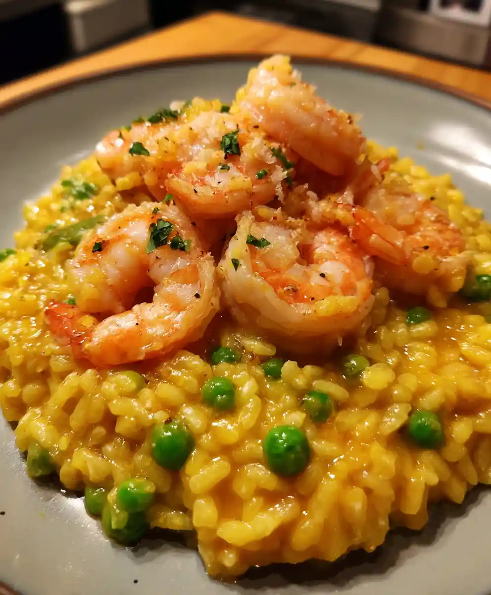 shrimp risotto recipe Saffron Glow With Pea Jewels