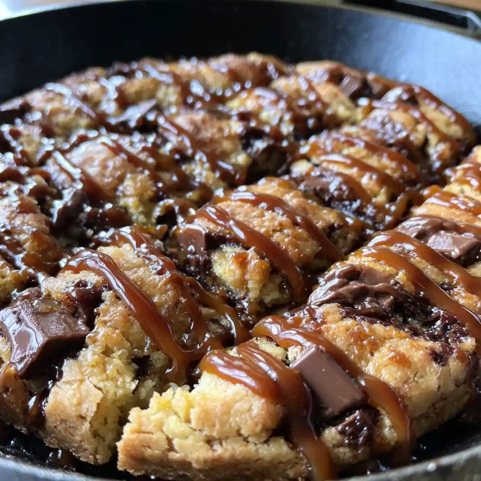 skillet cookie recipe with Caramel Lattice Drizzle