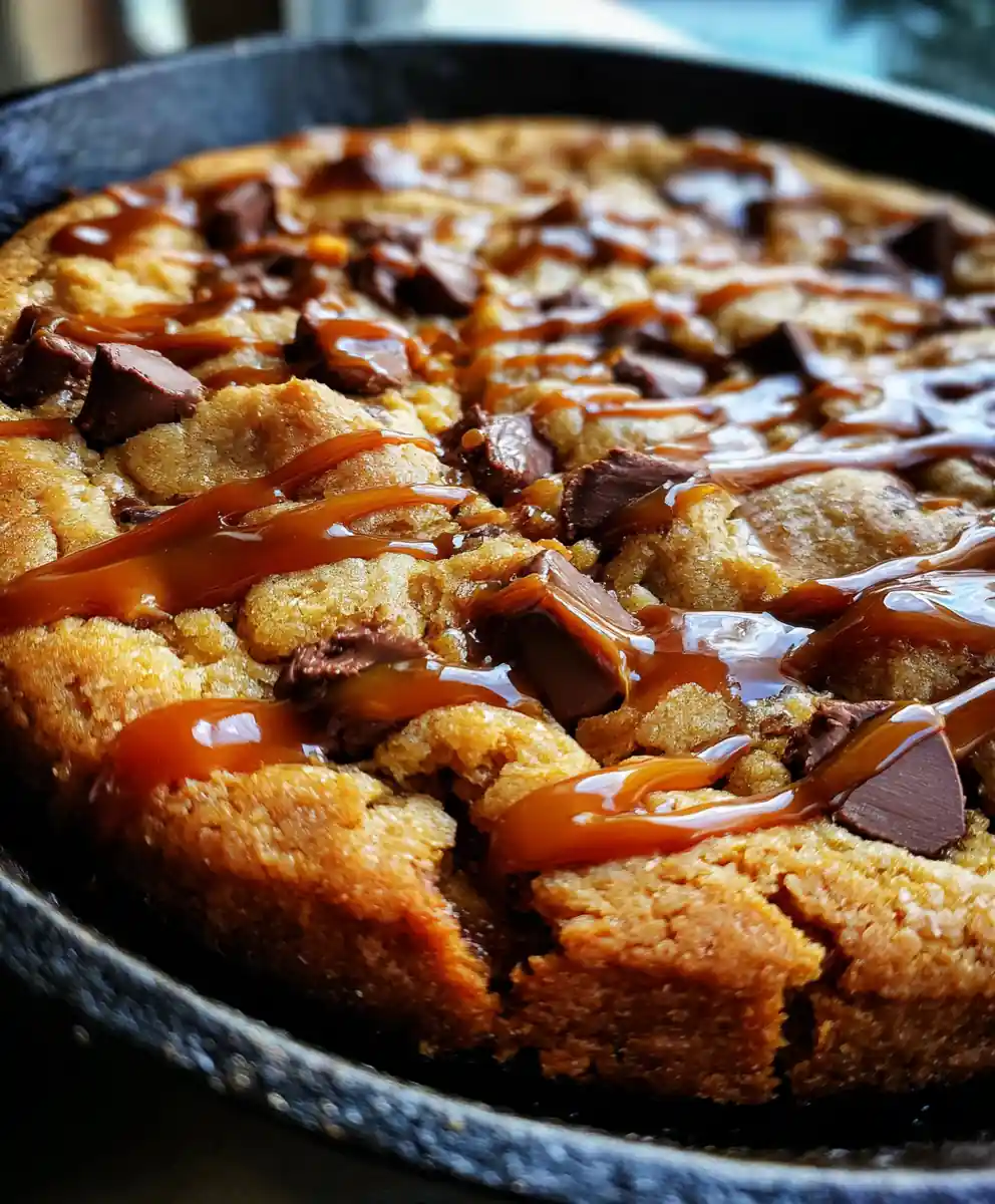 skillet cookie recipe with Caramel Lattice Drizzle