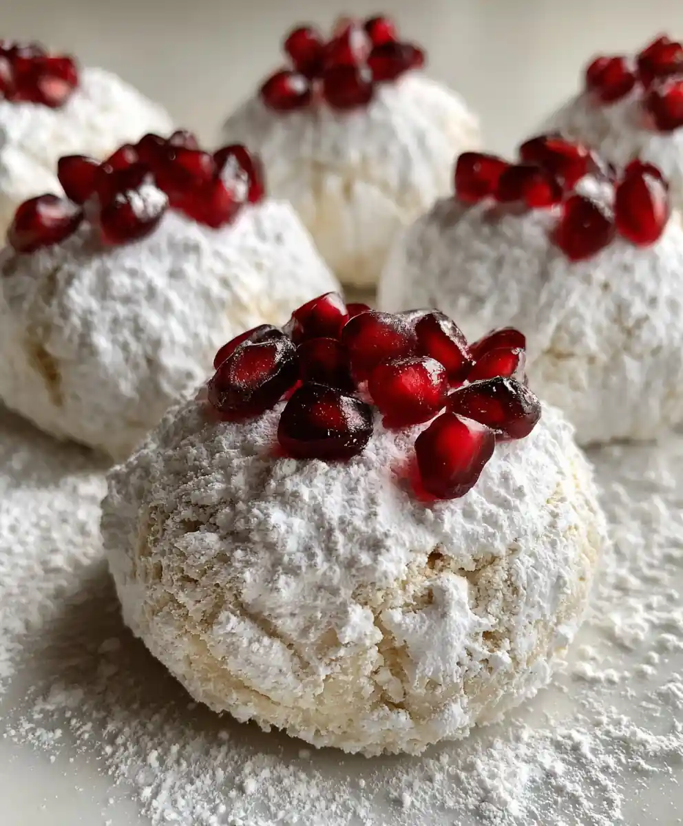 snowball cookies recipe Powdered Domes with Ruby Pomegranate Seeds