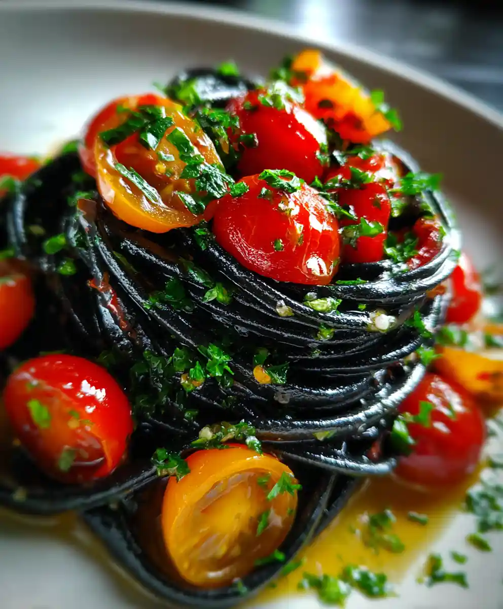 squid ink pasta recipe Cherry Tomato Contrast