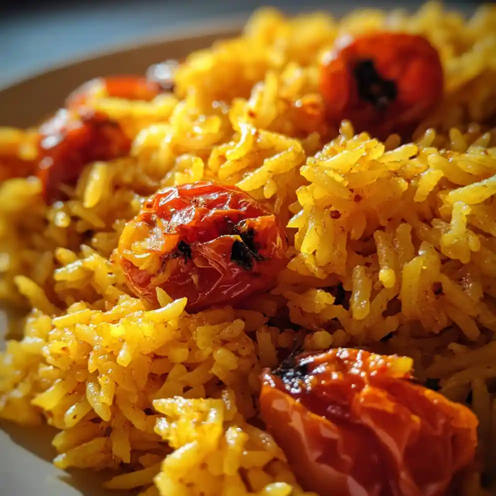 tomato rice recipe Saffron-Stained Pilaf with Charred Tomatoes