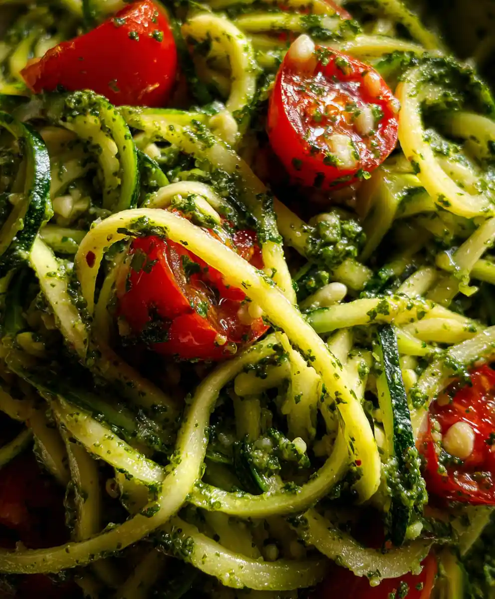 zucchini noodles recipe Basil Pesto Ribbons With Cherry Tomato