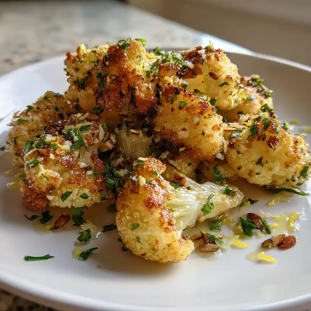 Almond Herb Crusted Lemon Pepper Glazed Cauliflower