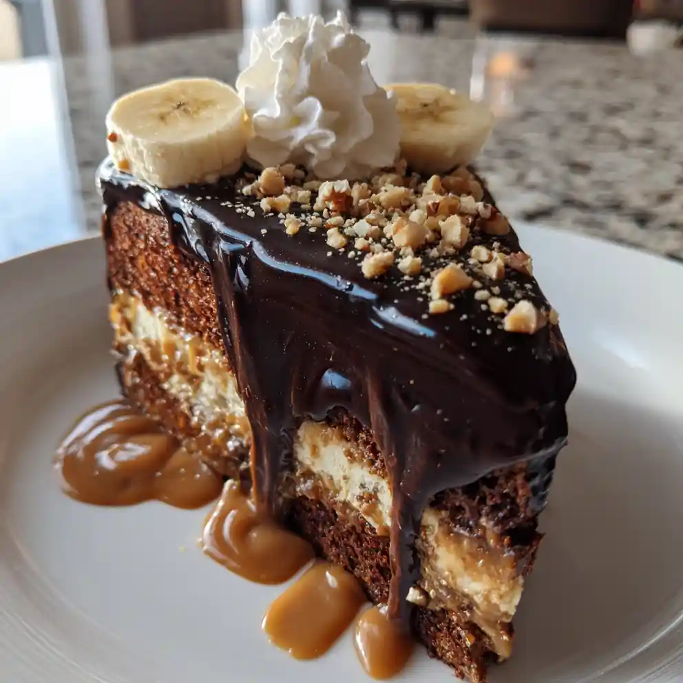 Banana Peanut Butter Caramel Ribbon Cake