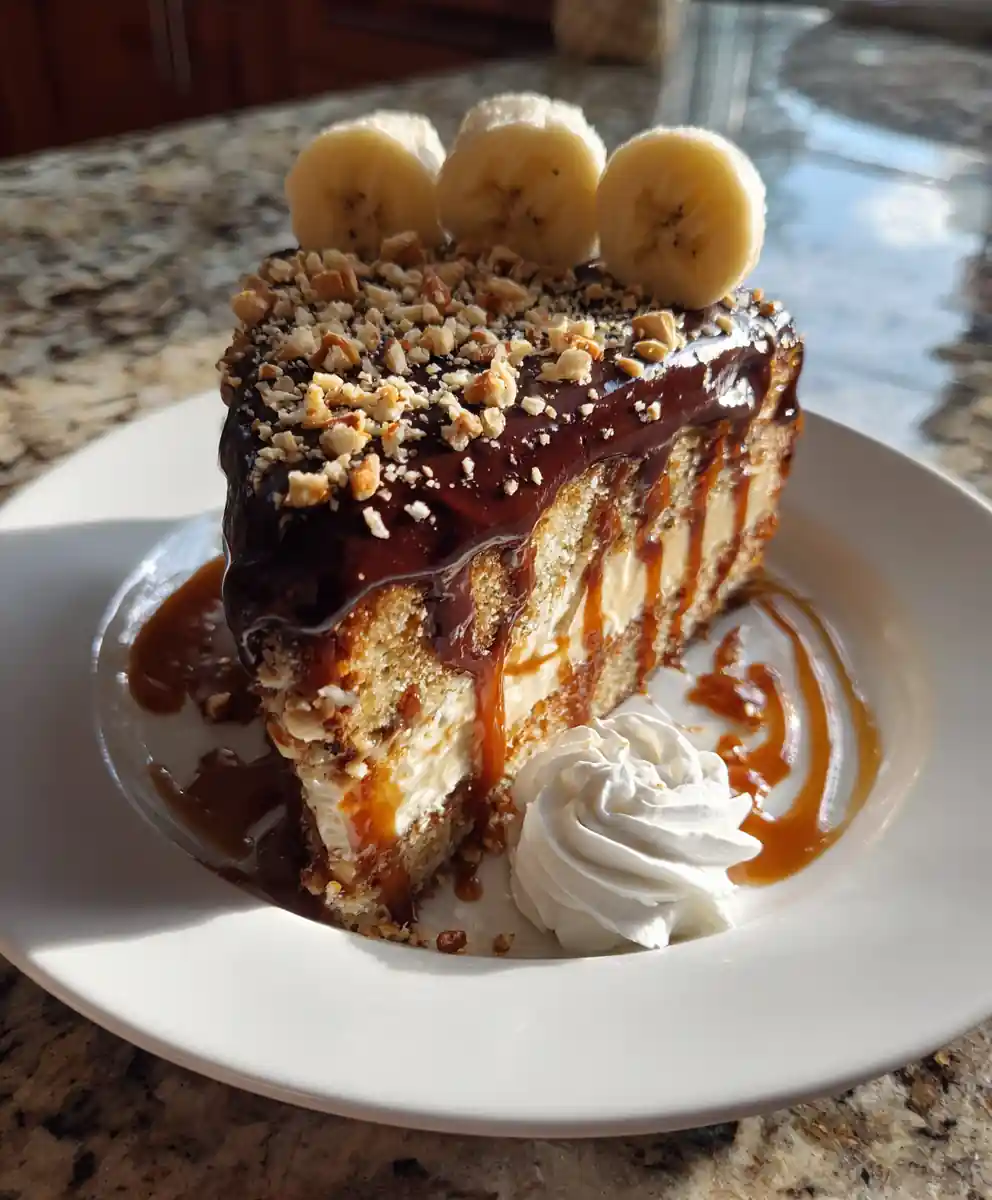 Banana Peanut Butter Caramel Ribbon Cake