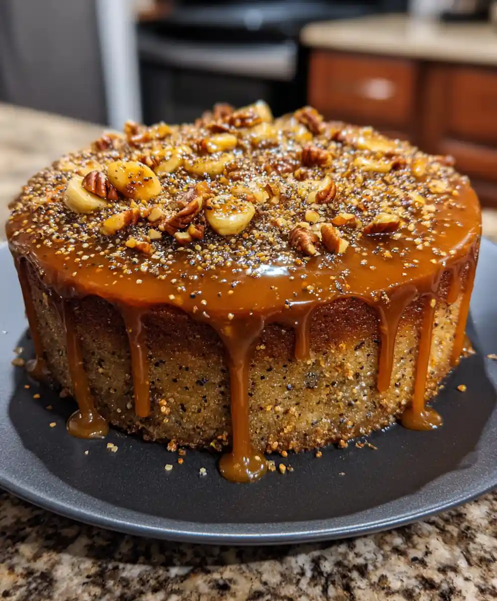 Banana Pecan Caramel Layer Cake with Cinnamon Spiced Caramel Drizzle