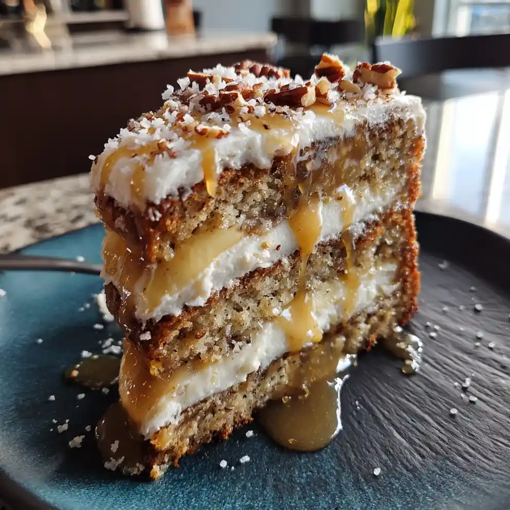 Banana Pecan Caramel Layer Cake with Salted Caramel Drizzle