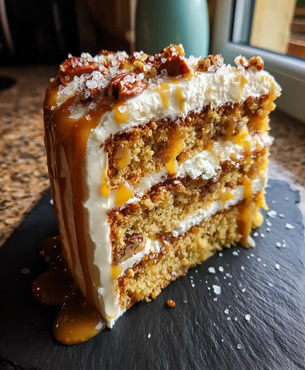Banana Pecan Caramel Layer Cake with Salted Caramel Drizzle