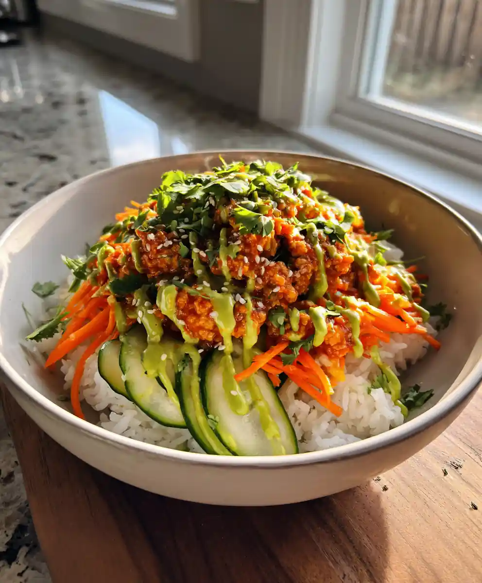 Bang Bang Ground Turkey Rice Bowls with Creamy Avocado Lime Drizzle