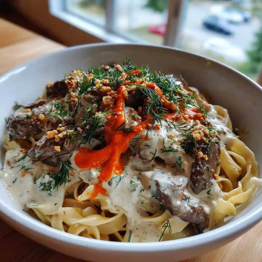 Beef Stroganoff with Roasted Red Pepper Swirl