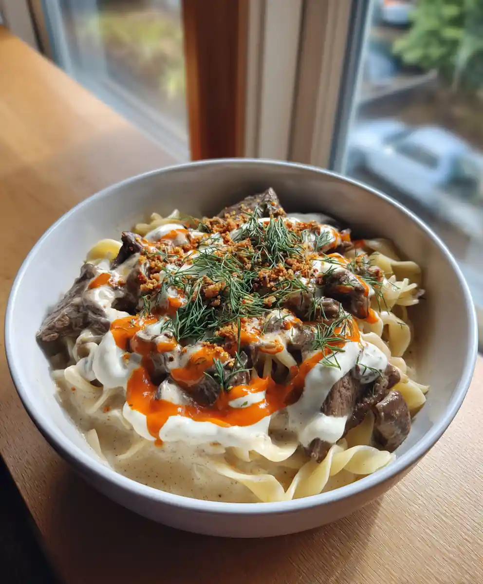 Beef Stroganoff with Roasted Red Pepper Swirl