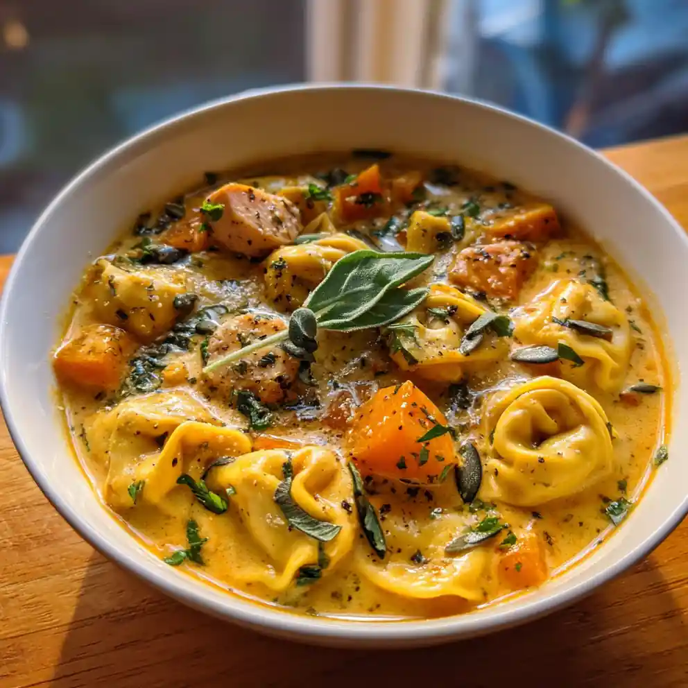 Butternut Squash Sausage Tortellini Soup with Sage Cheese Swirl