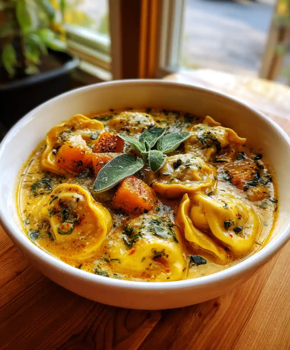 Butternut Squash Sausage Tortellini Soup with Sage Cheese Swirl