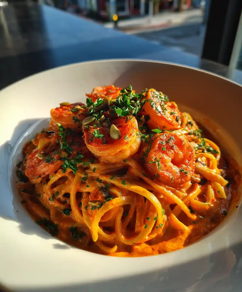Cajun Shrimp Pasta with Roasted Red Pepper Cream Swirl