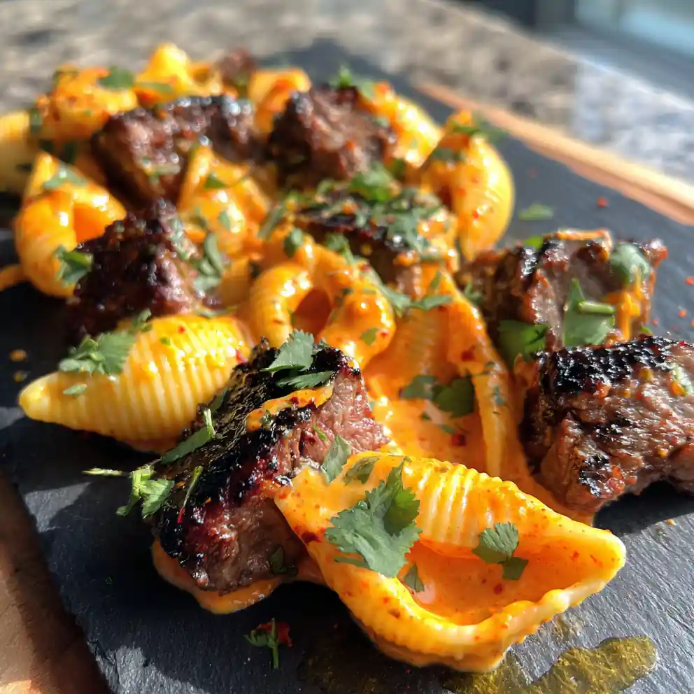Cajun Steak Bites with Cheesy Garlic Shells & Chipotle Lime Crema Skillet