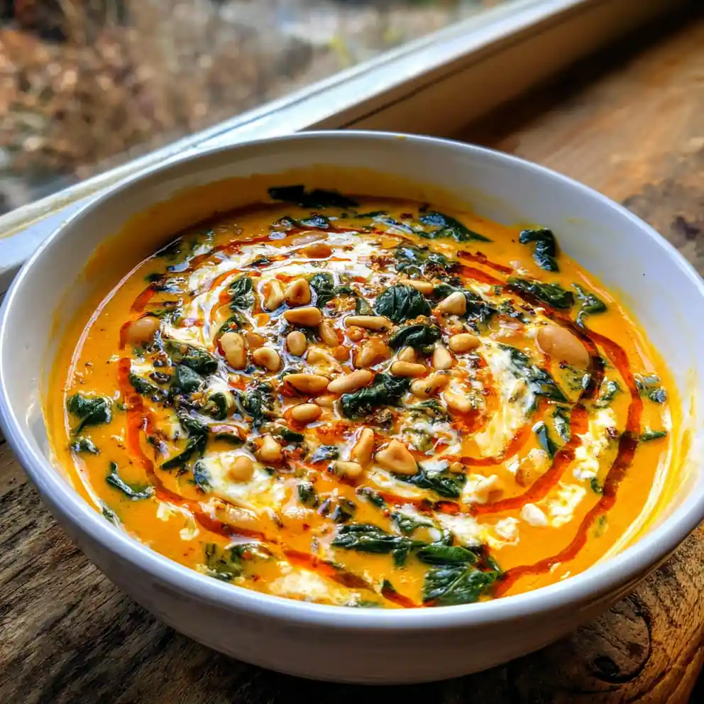 Cannellini Bean & Spinach Soup with Roasted Red Pepper Swirl