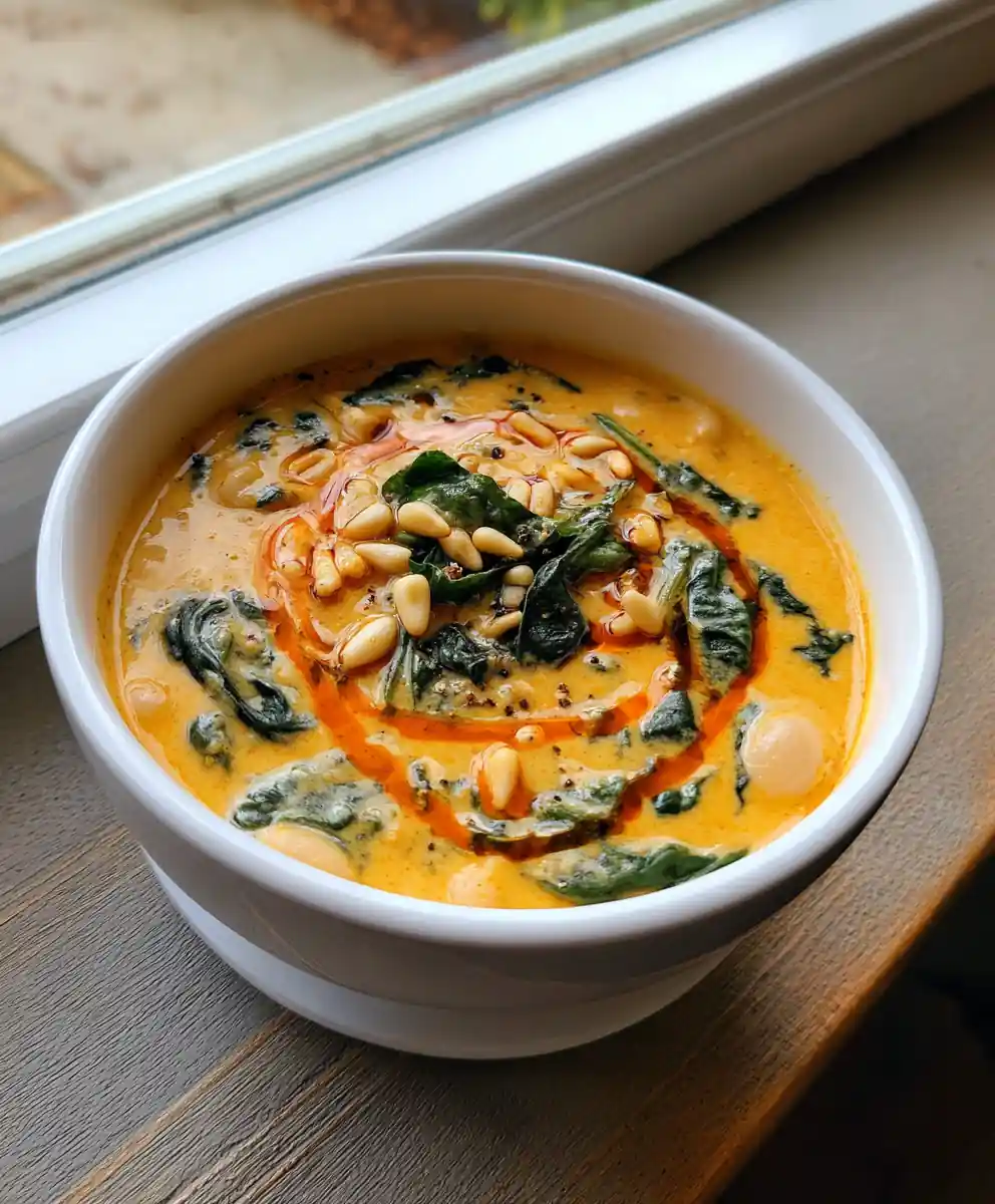 Cannellini Bean & Spinach Soup with Roasted Red Pepper Swirl