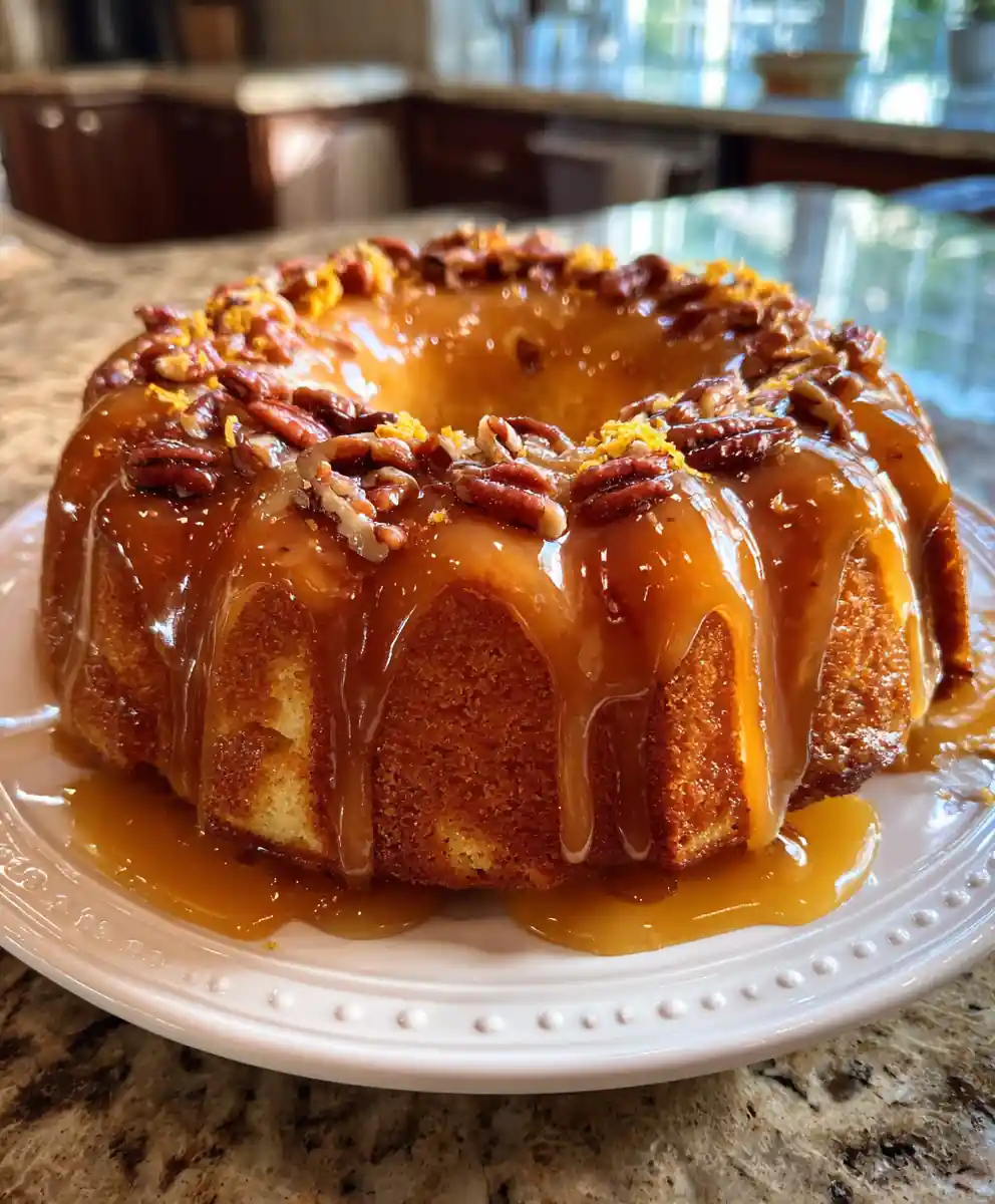 Cardamom Orange Caramel Glazed Apple Pecan Cake