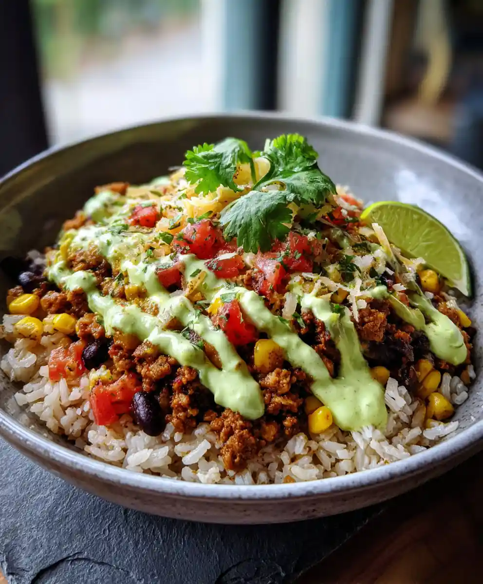 Charred Cumin Lime Taco Rice Bowl with Avocado Crema
