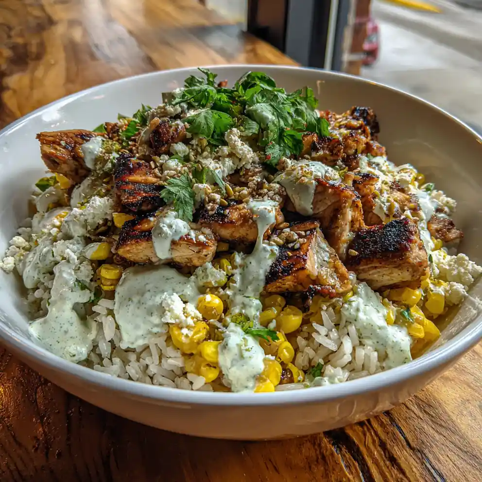 Charred Street Corn Chicken Rice Bowl with Lime Cilantro Cream