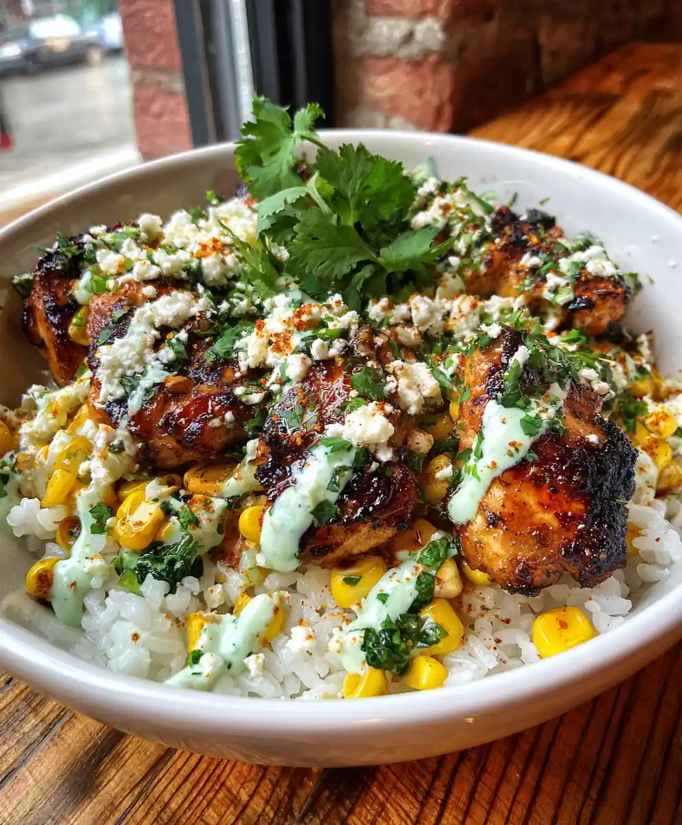 Charred Street Corn Chicken Rice Bowl with Lime Cilantro Cream