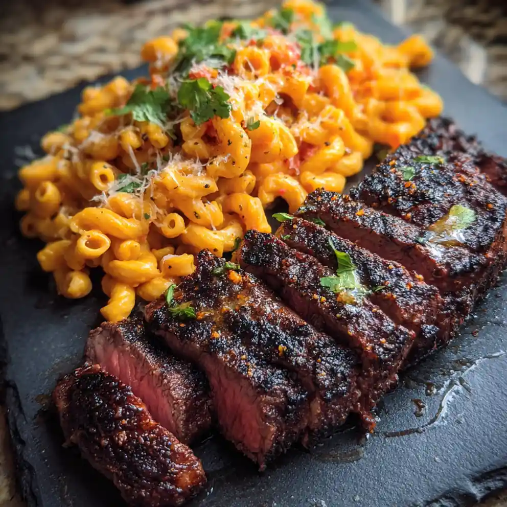Cheesy Cajun Garlic Butter Steak with Chipotle Swirled Creamy Rigatoni