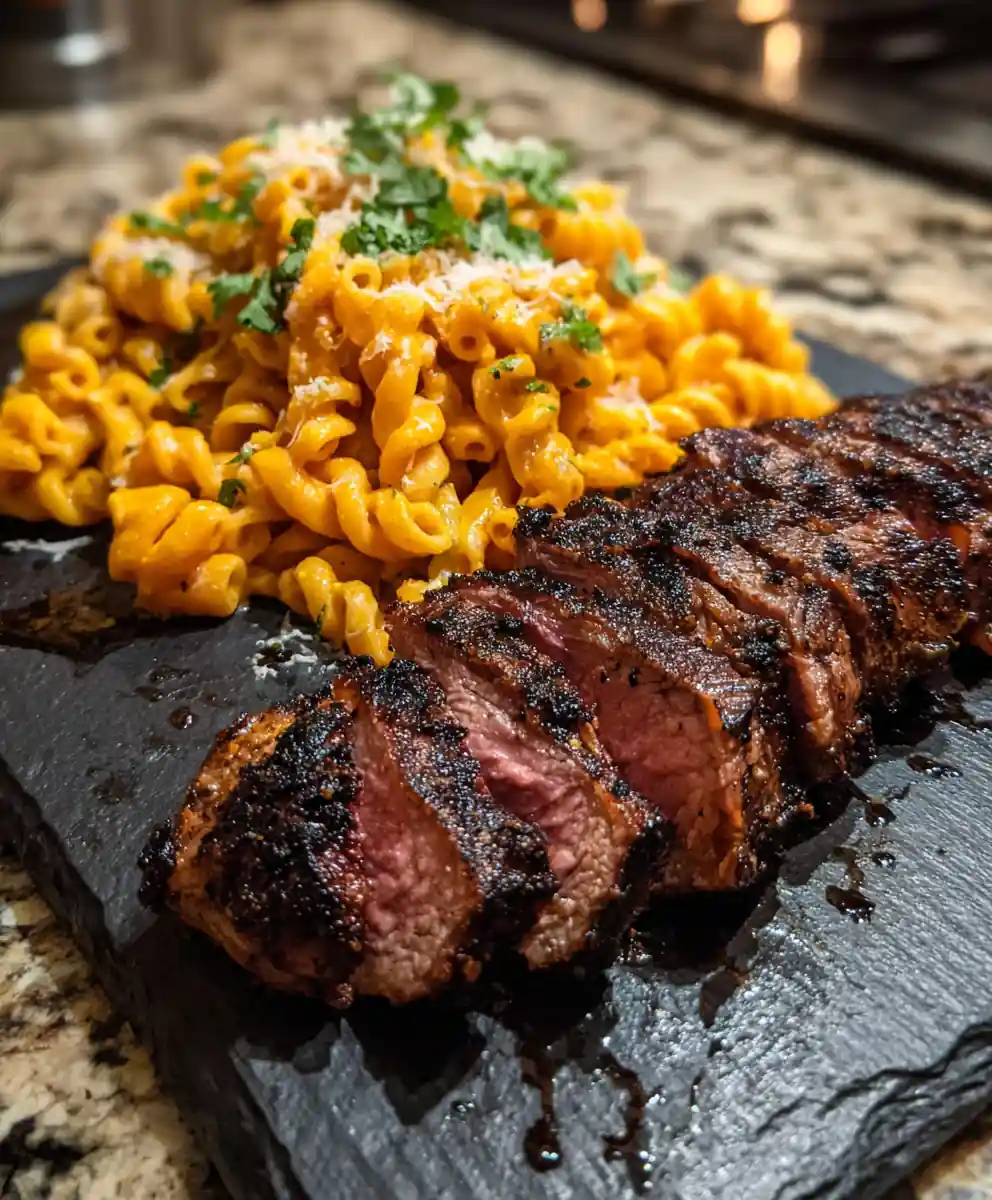 Cheesy Cajun Garlic Butter Steak with Chipotle Swirled Creamy Rigatoni