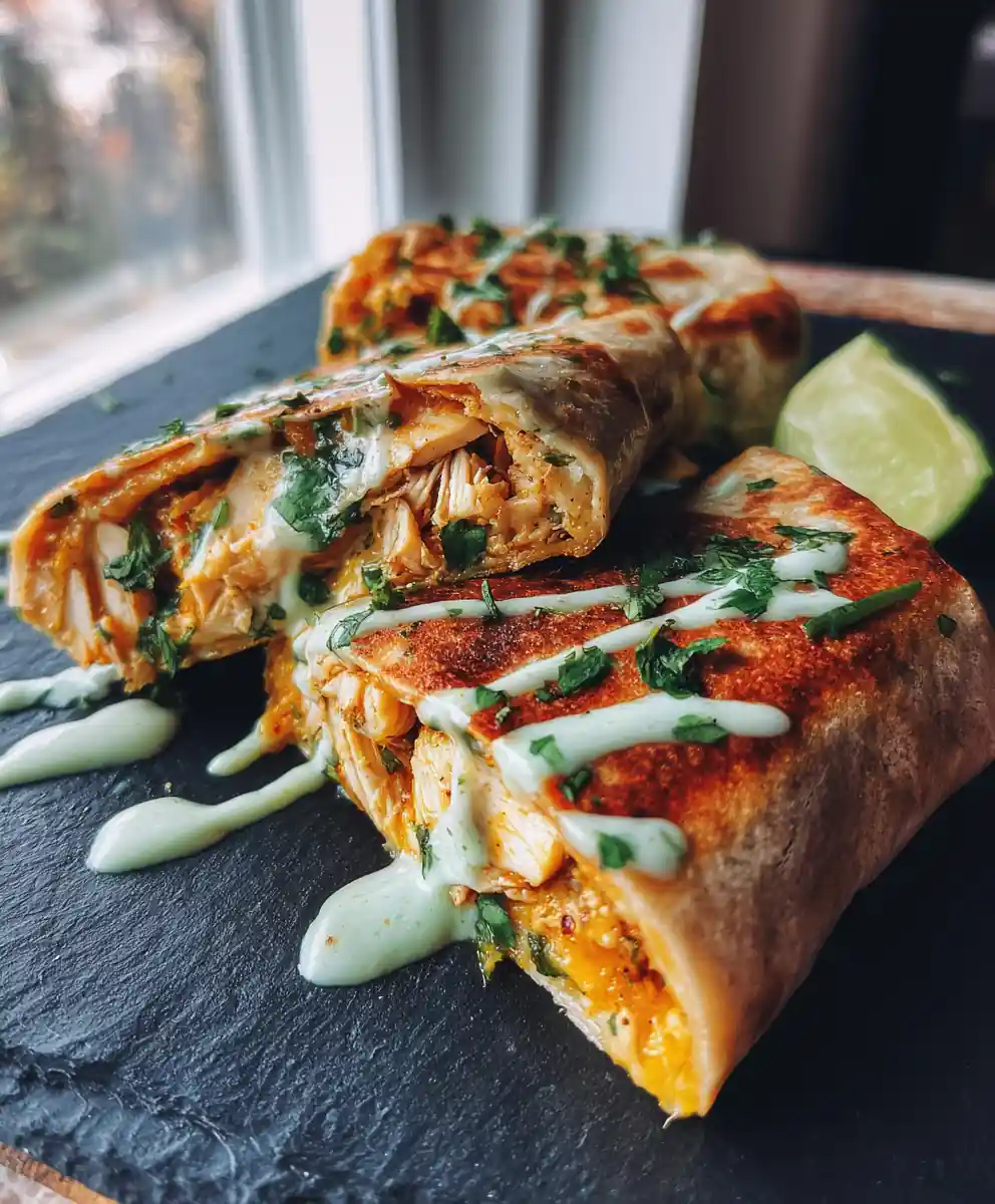 Cheesy Garlic Chicken Wraps with Lime Cilantro Crema