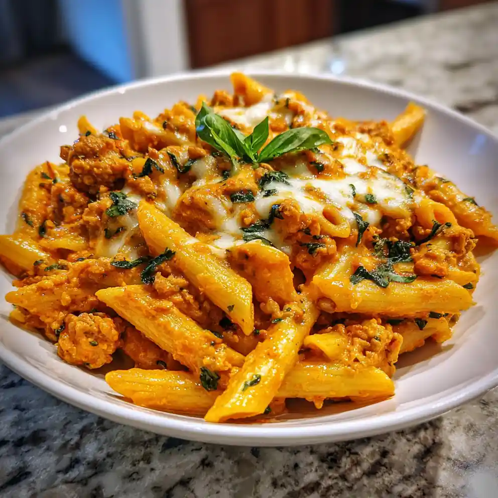 Cheesy Ground Turkey Pasta with Roasted Red Pepper Swirl