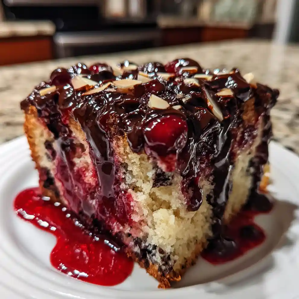 Cherry Chocolate Chip Poke Cake with Dark Chocolate Ganache Swirl