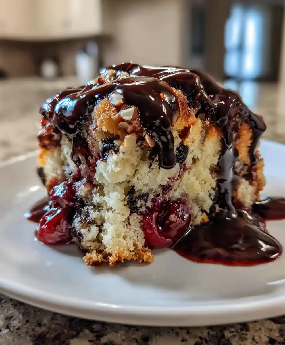 Cherry Chocolate Chip Poke Cake with Dark Chocolate Ganache Swirl