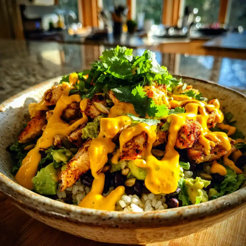 Chicken Burrito Bowl with Charred Corn Poblano Swirl