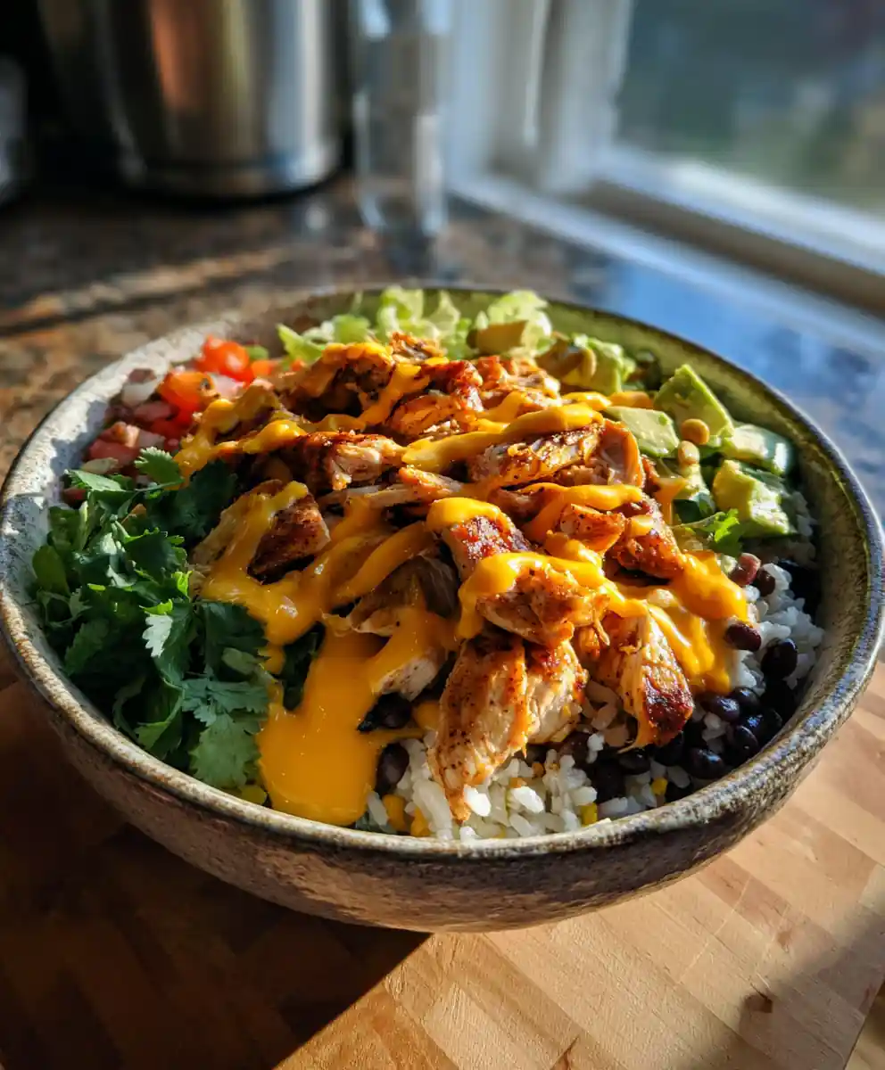 Chicken Burrito Bowl with Charred Corn Poblano Swirl