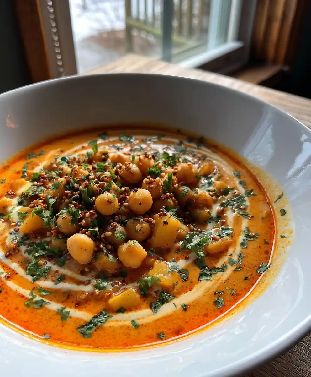 Chickpea and Potato Curry with Red Pepper Cashew Cream Swirl