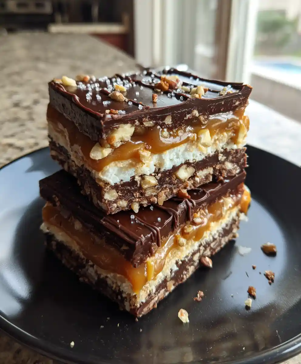 Chocolate Caramel Nut Bars with a Salted Buttercream Ribbon
