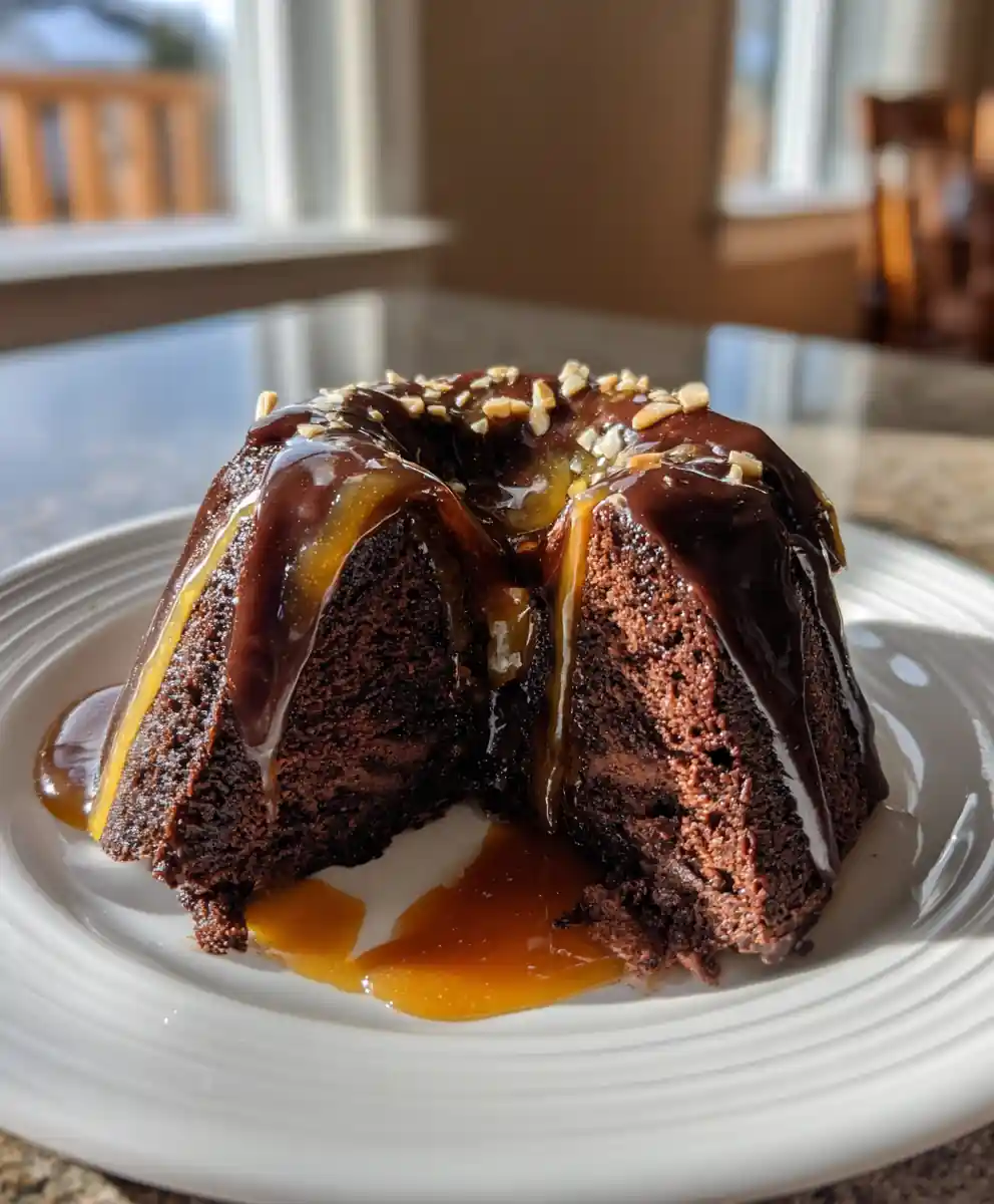 Chocolate Swirl Mousse Bundt Cake with Cardamom Honey Caramel