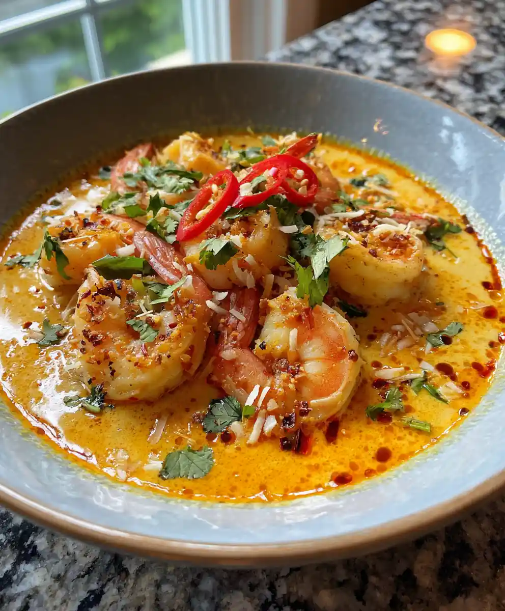 Coconut Curry Shrimp with Lime Infused Coconut Cream Swirl