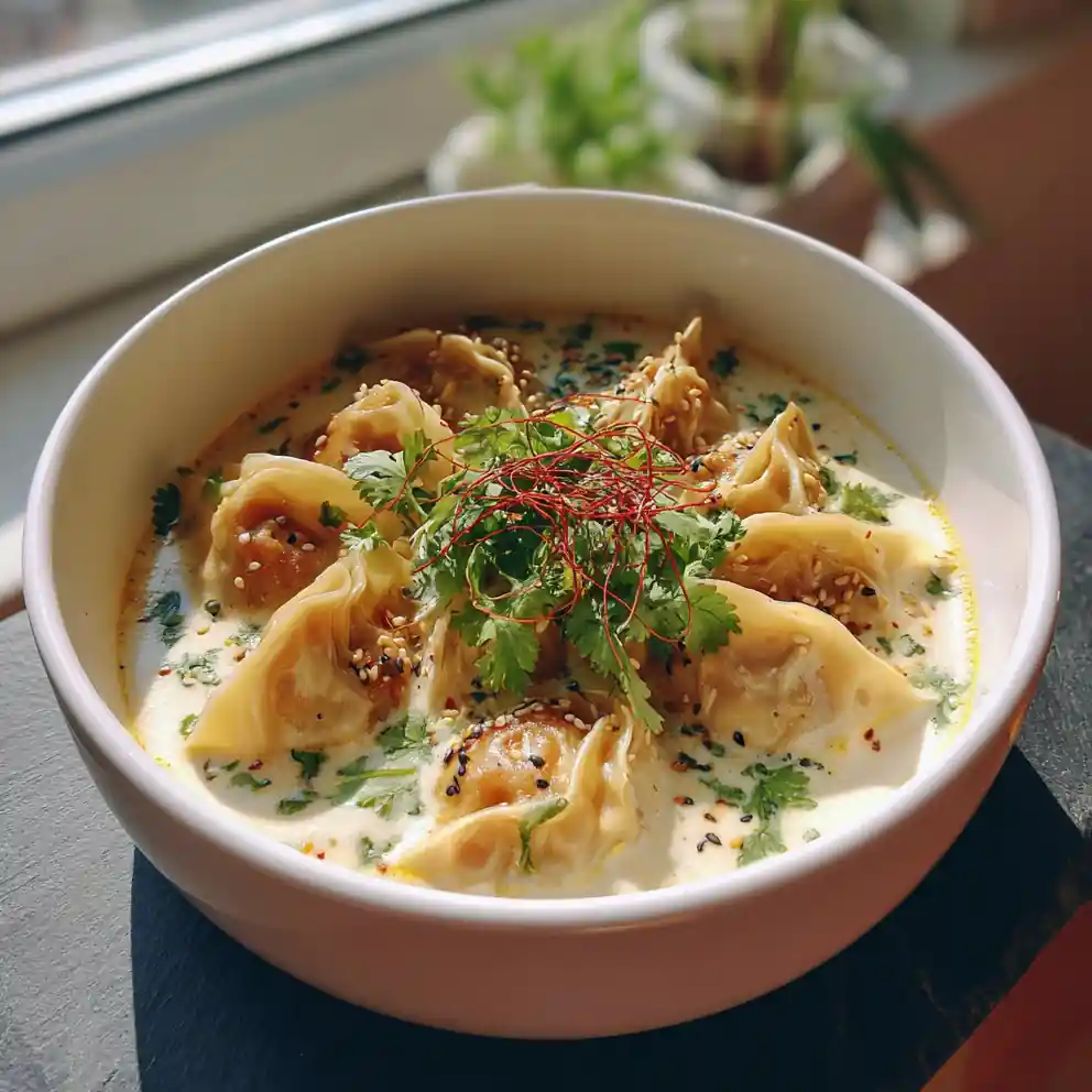 Coconut Miso Potsticker Soup with Lime Sesame Cream
